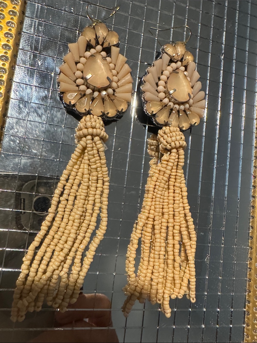Neutral Tassel Drop Beaded Earrings - Cream